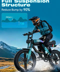 Rider on Electric Fat Tire Bike For Adults With 2500W Peak Motor crossing water, rugged mountain background, showcasing dual suspension