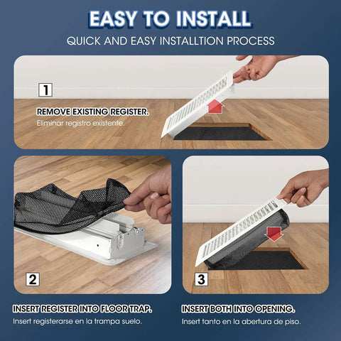 Floor Register Trap Cover Screen For Home Air Vents 4x10 Inch 4 Pack Black Durable Nylon Mesh Guard To Keep Junk Out And Airflow Clear Easy To Install And Remove tutorial showing installation steps.