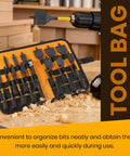Heavy Duty 14 Piece Spade Drill Bit Set With Six Inch Quick Load Extension showing organized paddle bits in a tool bag.