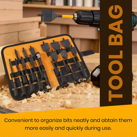 Heavy Duty 14 Piece Spade Drill Bit Set With Six Inch Quick Load Extension showing organized paddle bits in a tool bag.