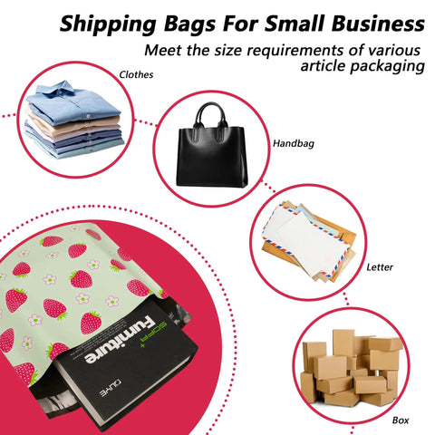 Image showing uses for Strawberry Print 12x15.5 Inch Poly Mailers Pack Of 50 Self Sealing Waterproof And Tear Resistant Shipping Bags.