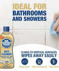 Soft Cleanser Liquid 2 Pack 13 Oz Bottles Multipurpose Cleaner and Rust Stain Remover for Stainless Steel Porcelain Ceramic Tile and More Tackle Grime Fast in Kitchen and Bath shown with a hand wiping a tiled wall.