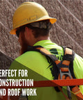 Worker using Warthog Tongue And Buckle Full Body Fall Protection Harness With X Pad, ANSI Z359.11 Compliance on a construction site