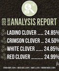 Seed blend analysis report showing percentages of ladino, crimson, white, and red clover in Four Clover Combo Blend 15 lb EcoPack.