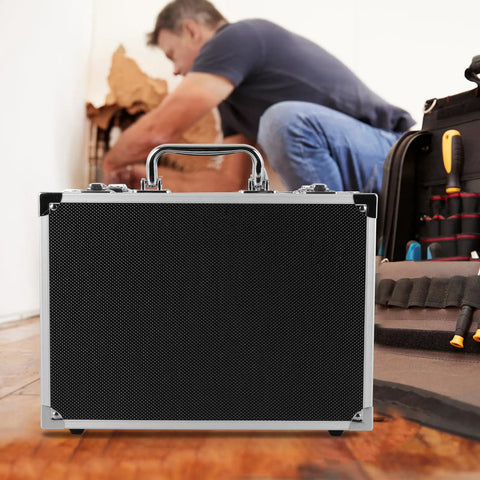 Portable Aluminum Toolbox With Lock Sleek Rigid Case For Small Tools Hardware Gear, sturdy black organizer near worker.