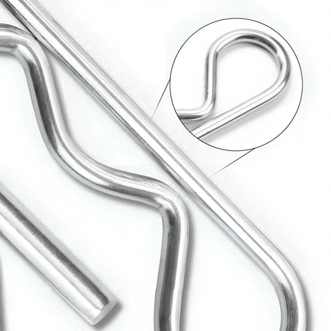 Close-up of Heavy Duty Car Cotter Pin R Clip Kit 15 Pcs Universal Hairpin Assortment, zinc-plated spring steel retaining wire fastener.