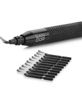 Sandor deburring tool with blade and rotary shaft, black textured handle; 10 high-speed steel burr blades