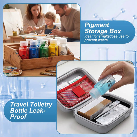 Wide Mouth Plastic Bottle Set With Airtight Lids, 24 Pcs, 1 Oz 2 Oz 4 Oz Graduated shown in pigment storage and travel use