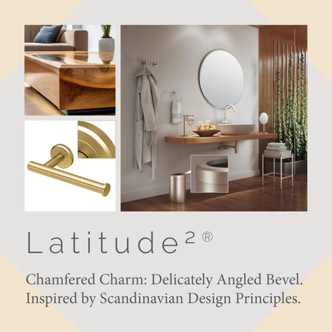 Latitude II Euro Style Single Post Toilet Paper Holder In Brushed Brass For Modern Bathrooms Durable Metal Construction With Clean Lines Coordinates With Full Bath Accessory Collection shown in serene bathroom setting.