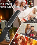 Keen Folding Pocket Knife Dope EDC Gear with 84mm 14C28N blade, holiday gift scenes with happy families and Christmas decor.