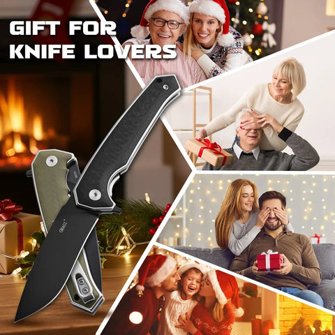 Keen Folding Pocket Knife Dope EDC Gear with 84mm 14C28N blade, holiday gift scenes with happy families and Christmas decor.