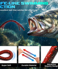 All In One Bass Fishing Lures Kit With 32 Premium Five And A Half Inch Soft Plastic Worms Wacky Rig Gear 20 Hooks 25 Nail Weights 40 Wacky O Rings Rig Tool And Portable Tackle Box For Serious Anglers with red worm and bass fish.