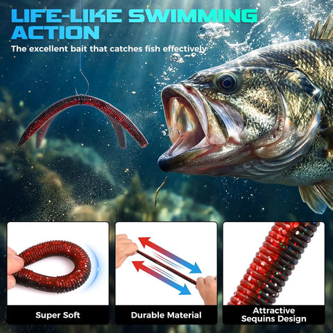 Pro Grade All In One Bass Fishing Lures Kit with 40 soft plastic baits showing lifelike swimming action with fish underwater