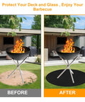 Round Fire Pit Mat For Bonfire And Outdoor Cooking Built To Take The Heat Heavy Duty Fireproof Under Grill Mat, before and after use.