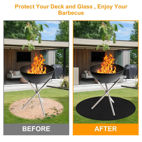 Before and after of a grill on a lawn with and without 38-Inch Fire Pit Mat For Bonfires And Grills, Round Fireproof And Oil-Proof Deck Protector.