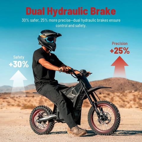IN10 Electric Dirt Bike With 2600W Peak Motor, 40 MPH Top Speed, 48V 23Ah Battery, Full Hydraulic Brakes And Suspension, Off Road Mountain Ebike For Teens And Adults, Ready To Rip Trails, rider on black off-road bike in desert