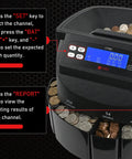 Top Shelf Electric Coin Counter And Sorter Machine That Handles Quarter Dime Nickel Penny And Dollar Bills With A Bright Digital Display and keys detailing.