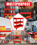 Heavy Duty 3 Tier Service Cart On Wheels With Locking Brakes, 400 Pound Capacity, Mobile Utility Cart in various settings
