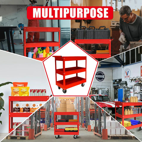 Heavy Duty 3 Tier Service Cart On Wheels With Locking Brakes, 400 Pound Capacity, Mobile Utility Cart in various settings