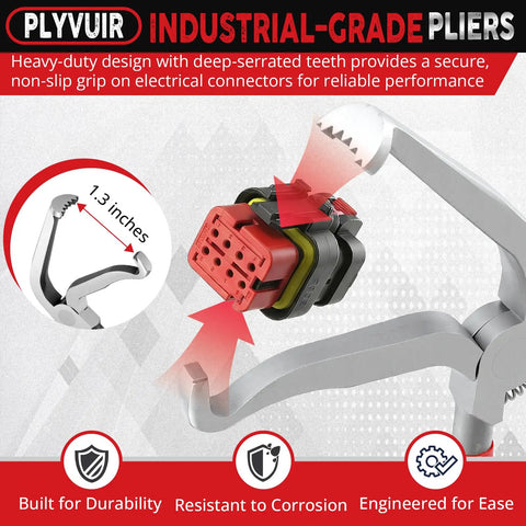 Heavy Duty Electrical Disconnect Pliers Set for Cars, Trucks and SUVs, showing serrated jaws gripping red connector
