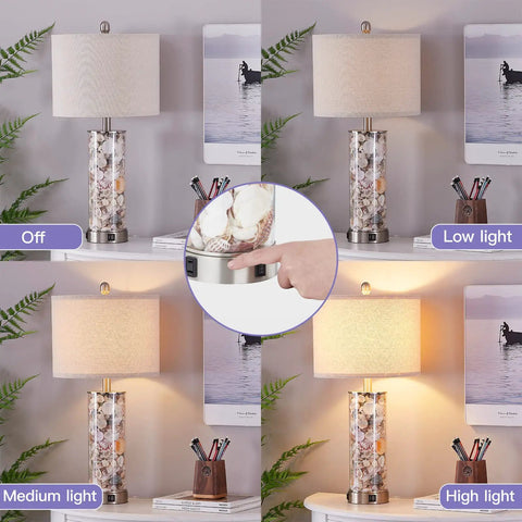 27.5 Inch Coastal Glass Table Lamps Set Of 2 With Seashells And Fairy Lights, 3 Way Dimmable Touch Lamps With USB Ports For That Chill Bedside Vibe, Bulbs Included – showing all four dimmable modes.