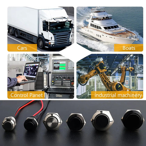 12mm Momentary Push Button Switch Waterproof IP65 Black Aluminum Pre Wired 5 Pack for Cars Boats DIY Electronics