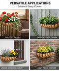 Big Time 24 Inch Window Box Railing Planter With Rock Solid Metal Build And Real Coco Coir Liner Made For Outdoor Deck Balcony Porch Fence And Patio Looks Black 2 Pack displayed in versatile applications, including balcony, fence, under-window, and patio.