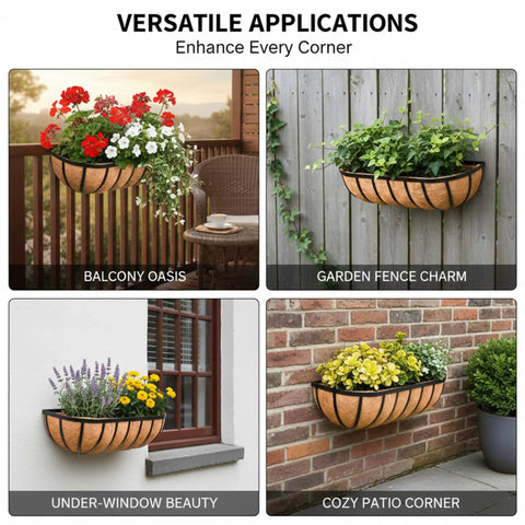 Big Time 24 Inch Window Box Railing Planter With Rock Solid Metal Build And Real Coco Coir Liner Made For Outdoor Deck Balcony Porch Fence And Patio Looks Black 2 Pack displayed in versatile applications, including balcony, fence, under-window, and patio.