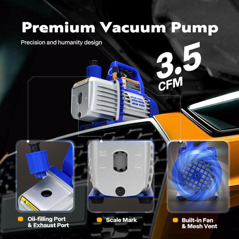 110V One Quarter HP 3.5 CFM Single Stage Rotary Vane Vacuum Pump Pro Grade With AC Manifold Gauge Set And Thermometer
