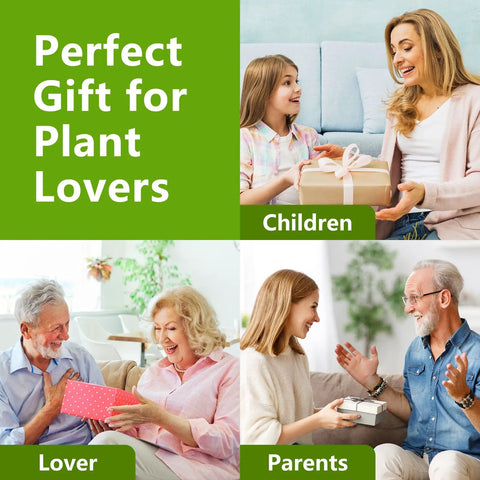 Happy people exchanging gifts labeled Perfect Gift for Plant Lovers, suitable for children, lovers, and parents.