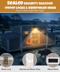 Wooden Chicken Coop For Backyard Poultry Flock With Three Weatherproof Asphalt Roofs Removable Tray Two Nesting Boxes Ramp Entry Ventilation Windows And Cozy Rabbit Hutch For Easy Outdoor Living at night with raccoon