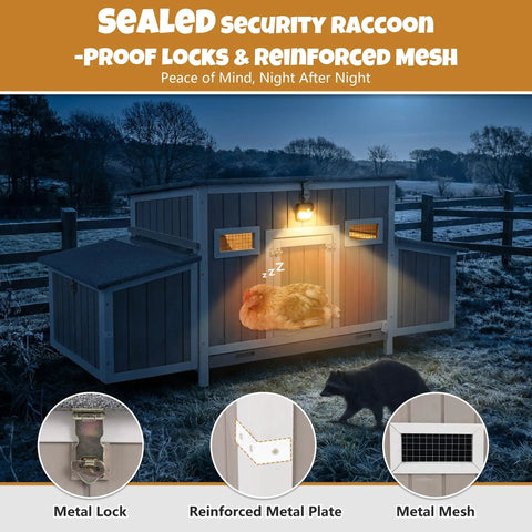 Wooden Chicken Coop For Backyard Poultry Flock With Three Weatherproof Asphalt Roofs Removable Tray Two Nesting Boxes Ramp Entry Ventilation Windows And Cozy Rabbit Hutch For Easy Outdoor Living at night with raccoon