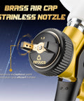 Brass air cap and stainless nozzle detail of Straight Shooting HVLP Air Spray Gun Kit With Precise One Point Three Mm Tip Heavy Duty Die Cast Aluminum Body Dependable Automotive Paint Sprayer For Stress Free Car Refinish And Quick Shop Jobs.