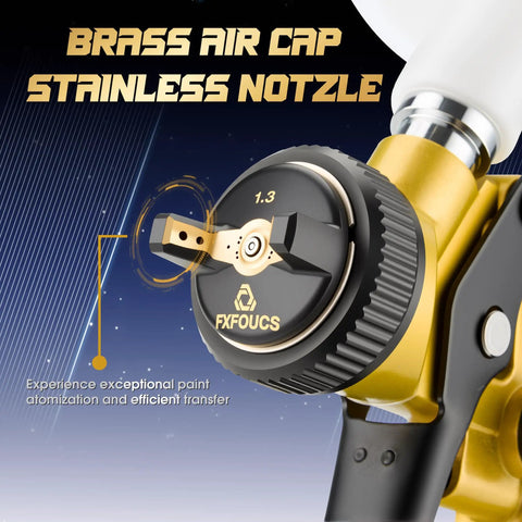 Brass air cap and stainless nozzle detail of Straight Shooting HVLP Air Spray Gun Kit With Precise One Point Three Mm Tip Heavy Duty Die Cast Aluminum Body Dependable Automotive Paint Sprayer For Stress Free Car Refinish And Quick Shop Jobs.