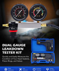 Front view of Orion Motor Tech dual-gauge cylinder leak-down tester kit with metal manifold and blue carrying case
