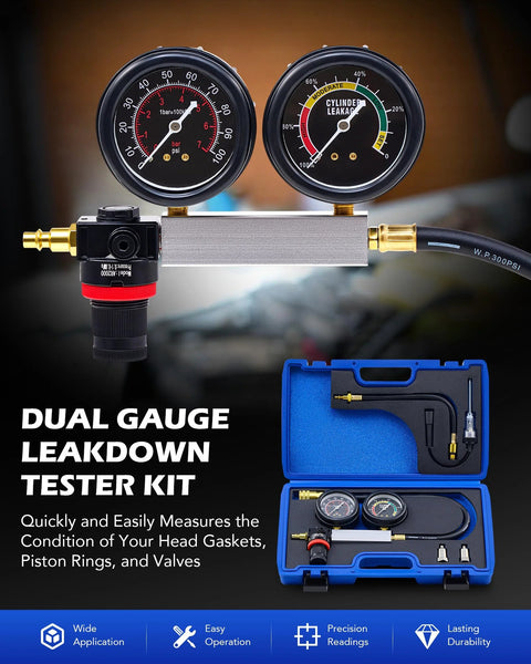 Front view of Orion Motor Tech dual-gauge cylinder leak-down tester kit with metal manifold and blue carrying case