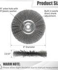 Tough As Nails 8 Inch Wire Wheel For Bench Grinder with 5/8 Inch arbor hole, showing dimensions and side view of bristles.