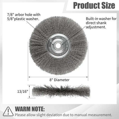 Tough As Nails 8 Inch Wire Wheel For Bench Grinder with 5/8 Inch arbor hole, showing dimensions and side view of bristles.