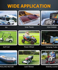 Wide application collage of Beast 12V 100Ah LiFePO4 Battery With Built In 100A BMS for RV, solar, marine, golf carts.