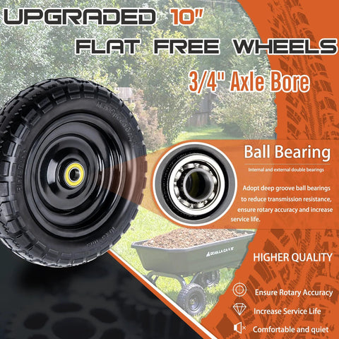 Two 10-inch solid rubber flat-free wheels with 3/4-in bore and bearings for garden carts and wheelbarrows
