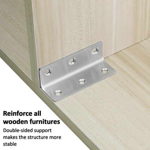 Heavy Duty L Bracket Shelf Braces 3.2 Inch, installed on wooden furniture corner, showing polished silver stainless steel material