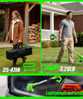 Person carrying Cordless 3-in-1 Weed Wacker With Dual 2000mAh Batteries in a bag and a man using it as a lawn edger