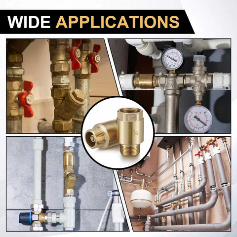 Two brass 3/4-inch inline check valves for irrigation and backflow prevention (center close-up).