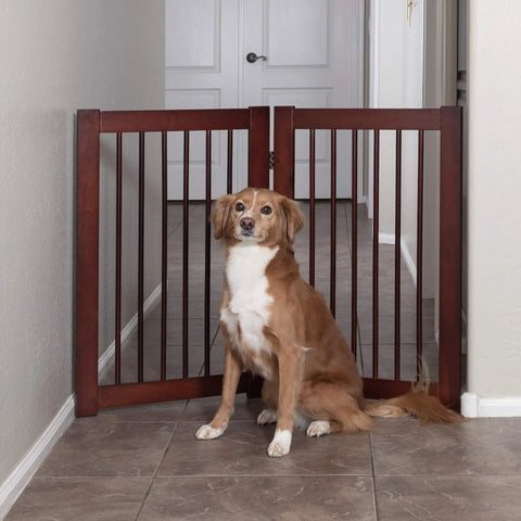 Extension Kit For 360 Configurable Walk Through Folding Pet Gate In Walnut Finish, 30 Inch Wide with dog in front
