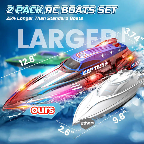 Two Pack 13 Inch Remote Control Boats With LED Lights 2 4Ghz RC Race Boats, size comparison highlighting larger boat