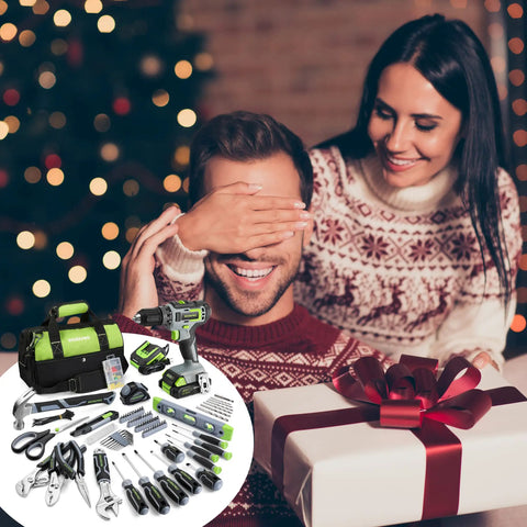 Couple with gift and 20V Cordless Drill Driver Set With 157 Piece Home Tool Kit Including Drill Bits Sockets And Screwdrivers