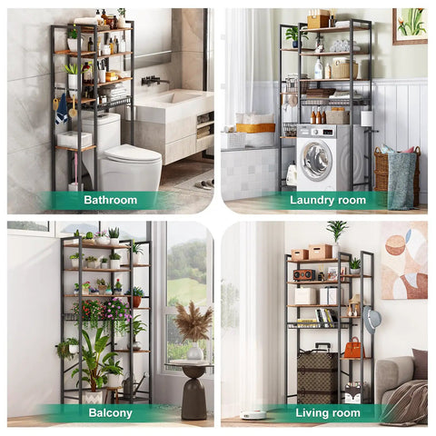 Freestanding Eight Tier Over The Toilet Storage Rack With Adjustable Shelves And Drain Basket Vintage Brown Bathroom Home Organizer in various settings