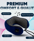 Bluetooth Music Neck Pillow With Built In Speaker For Travel Sleep On Planes Trains Cars And Buses Semicircular 360 Neck Support Portable Navy Blue Travel Essential shown with memory foam and magnetic therapy cloth features.