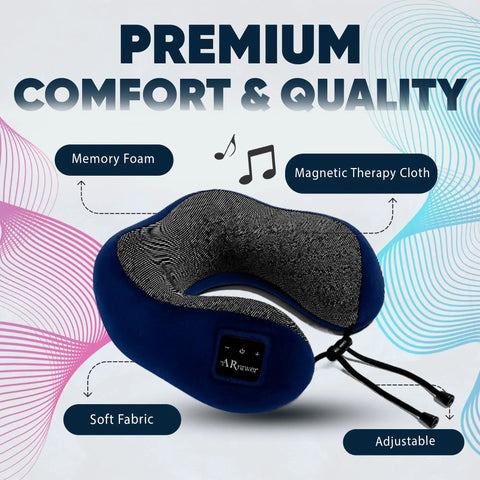 Bluetooth Music Neck Pillow With Built In Speaker For Travel Sleep On Planes Trains Cars And Buses Semicircular 360 Neck Support Portable Navy Blue Travel Essential shown with memory foam and magnetic therapy cloth features.