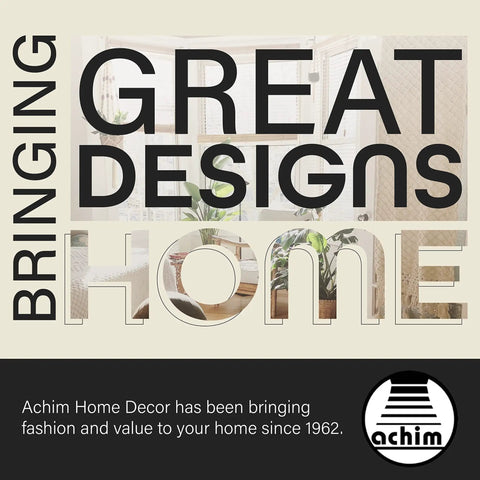 Achim Home Decor logo and slogan with home interior background featuring plants and window.